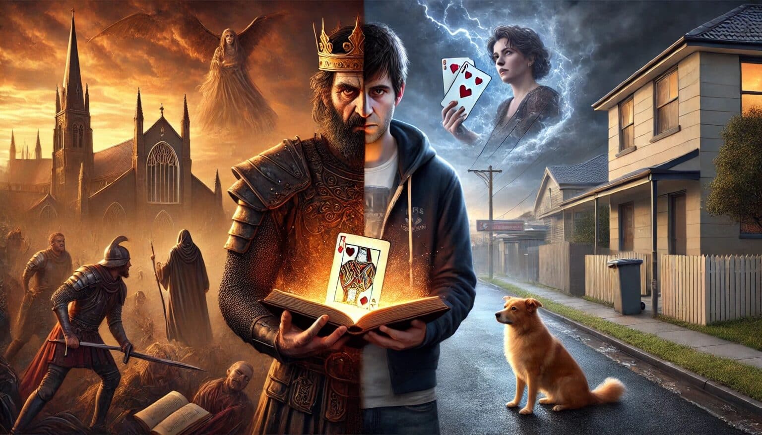 an image with a split screen showing the competing imagery of classic vs contemporary literature