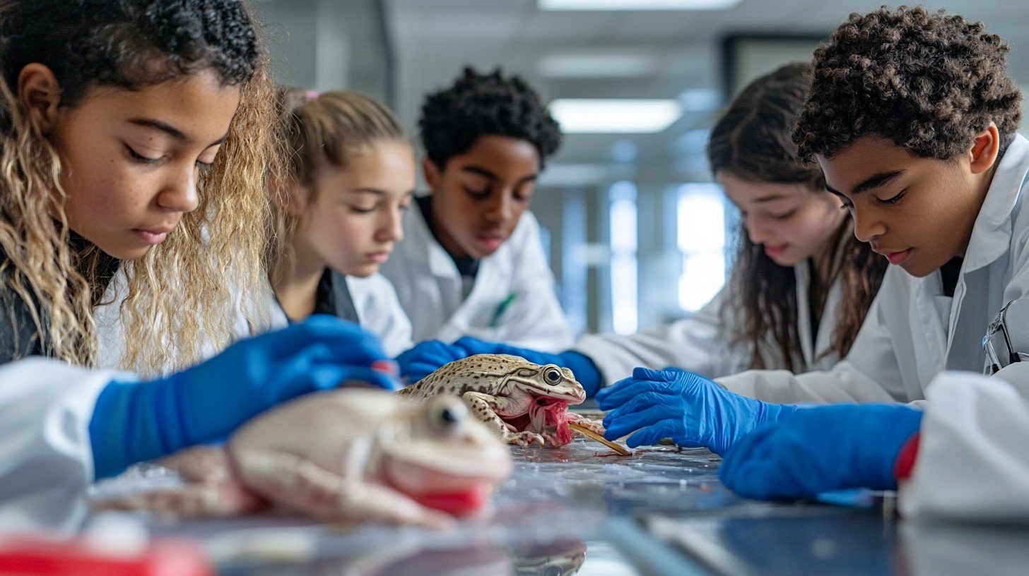 Students examining frogs in an ATAR Biology laboratory setting.