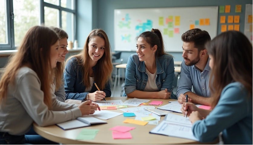 Teacher collaboration around a desk