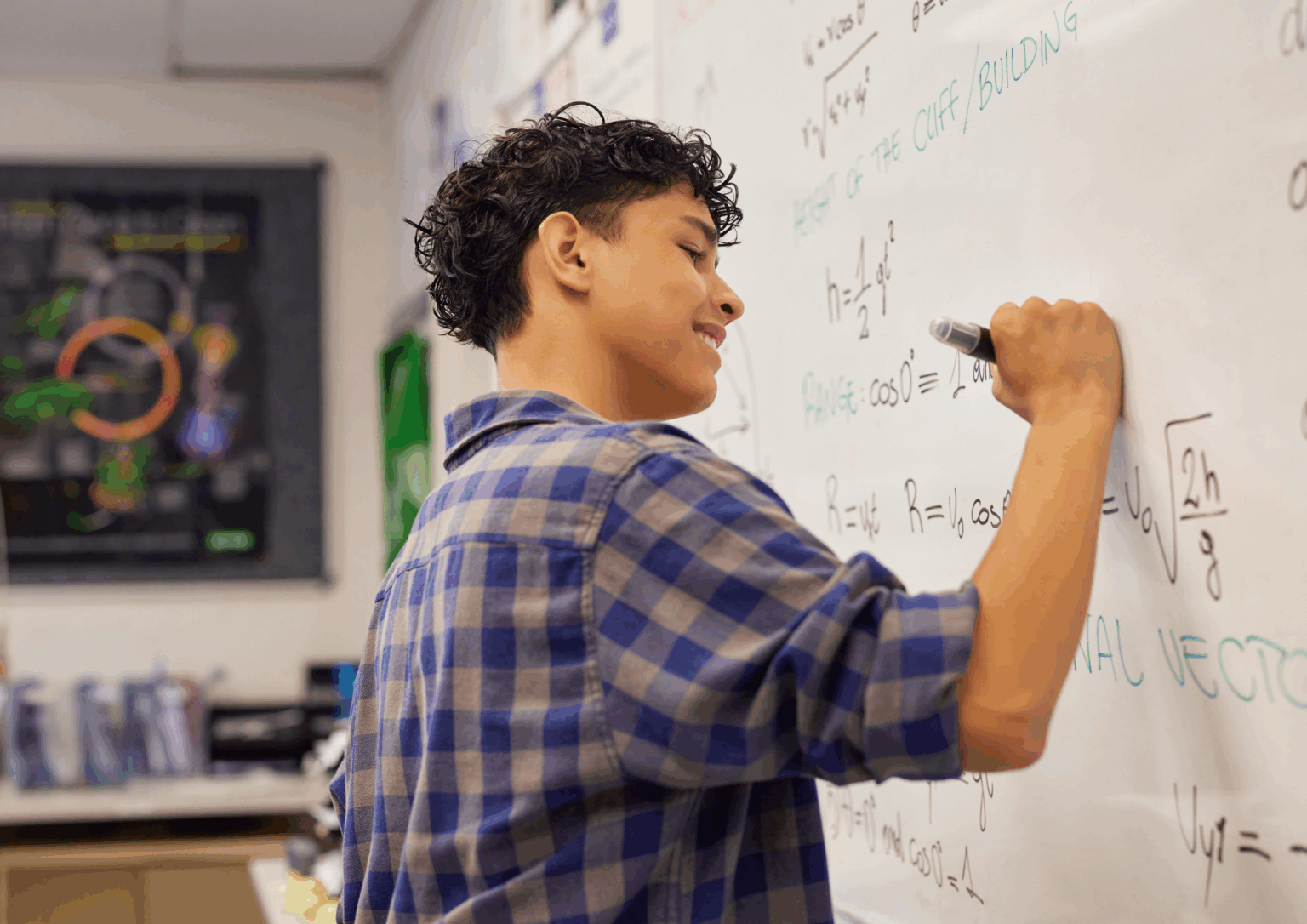 student doing complex atar mathematics methods equations on a board