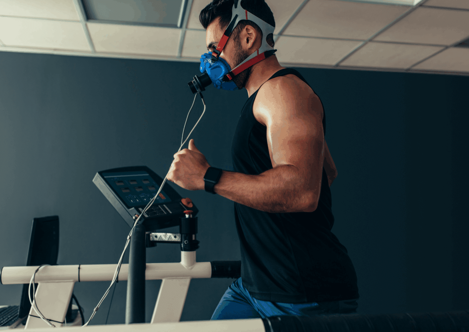 Man running on treadmill, exercising, being evaluated by ATAR Physical Education Studies students